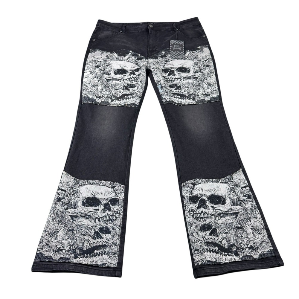 Rebel Vengeance Mens Black Skull Knit Tapestry Stretch Jeans 40x33 NEW